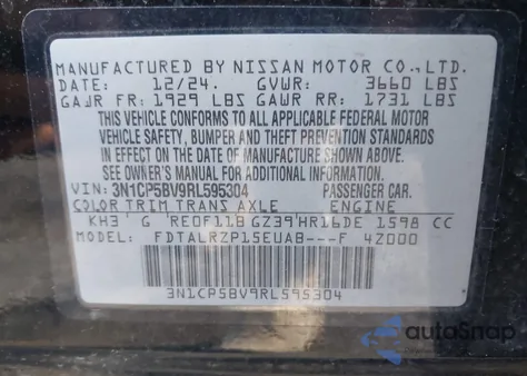 2024 Nissan Kicks S Xtronic Cvt from USA, damaged, VIN 3N1CP5BV9RL595304